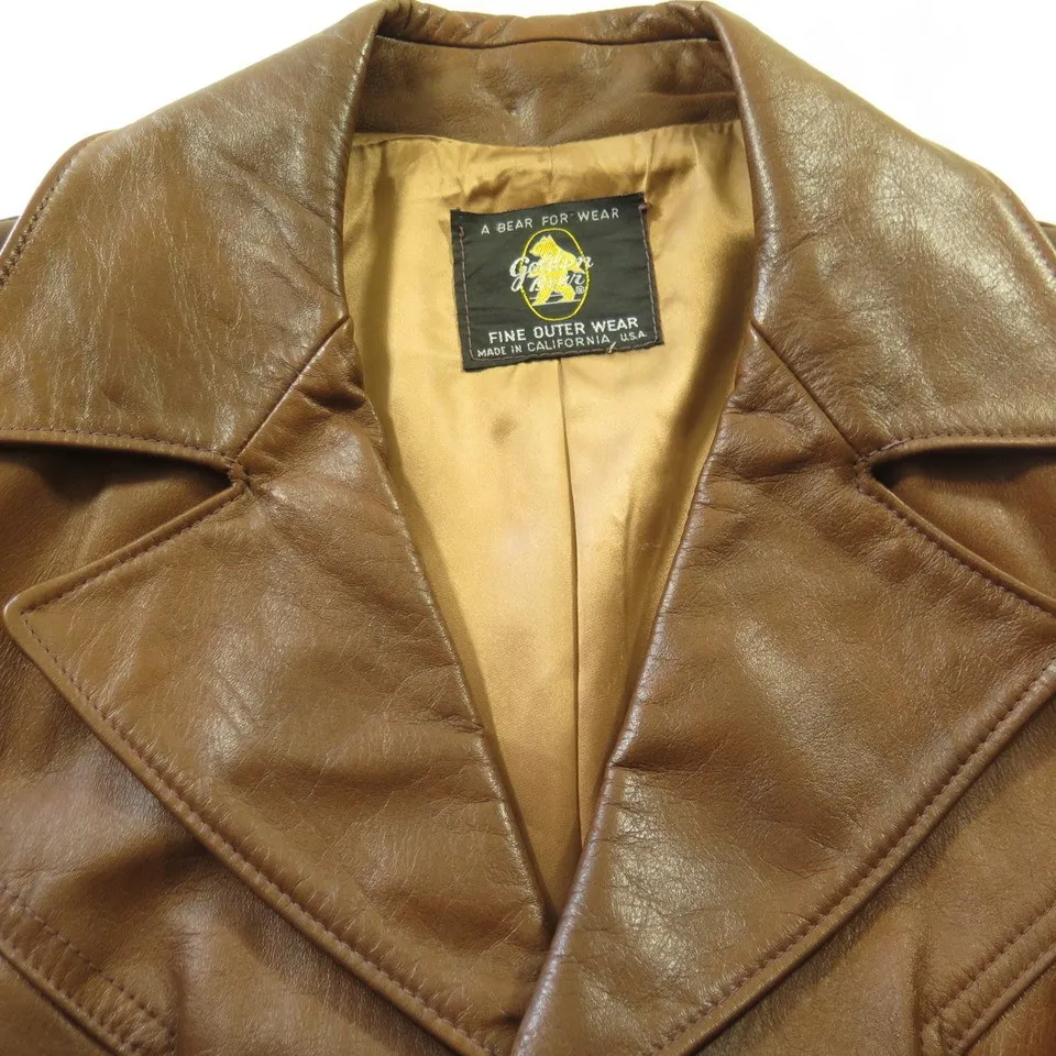 Vintage 60s Golden Bear Leather Jacket Mens M Brown California Wide Collar