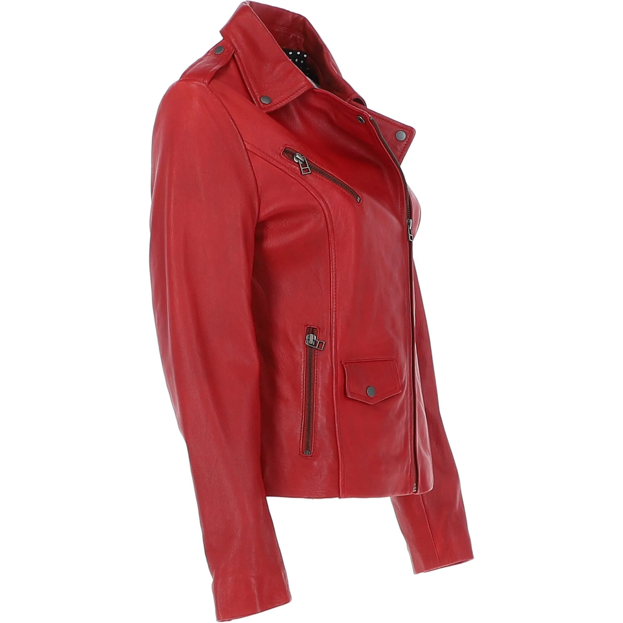 Women's Side Zip Leather Biker Jacket Red: 1141