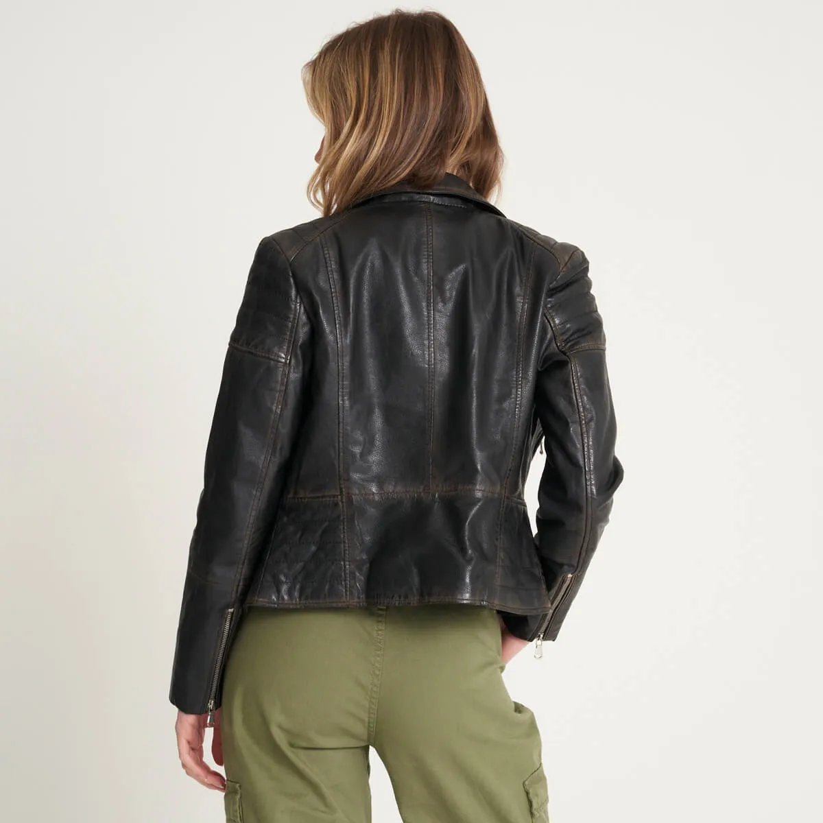 Women's Washed Tall Clara Leather Biker Jacket - Barneys Originals