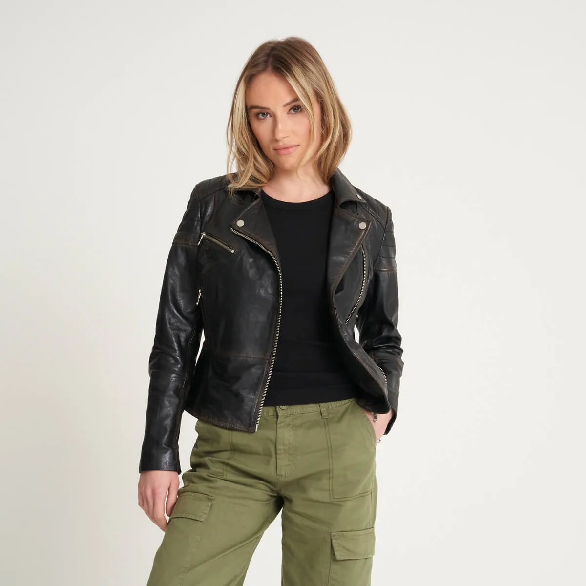 Women's Washed Tall Clara Leather Biker Jacket - Barneys Originals