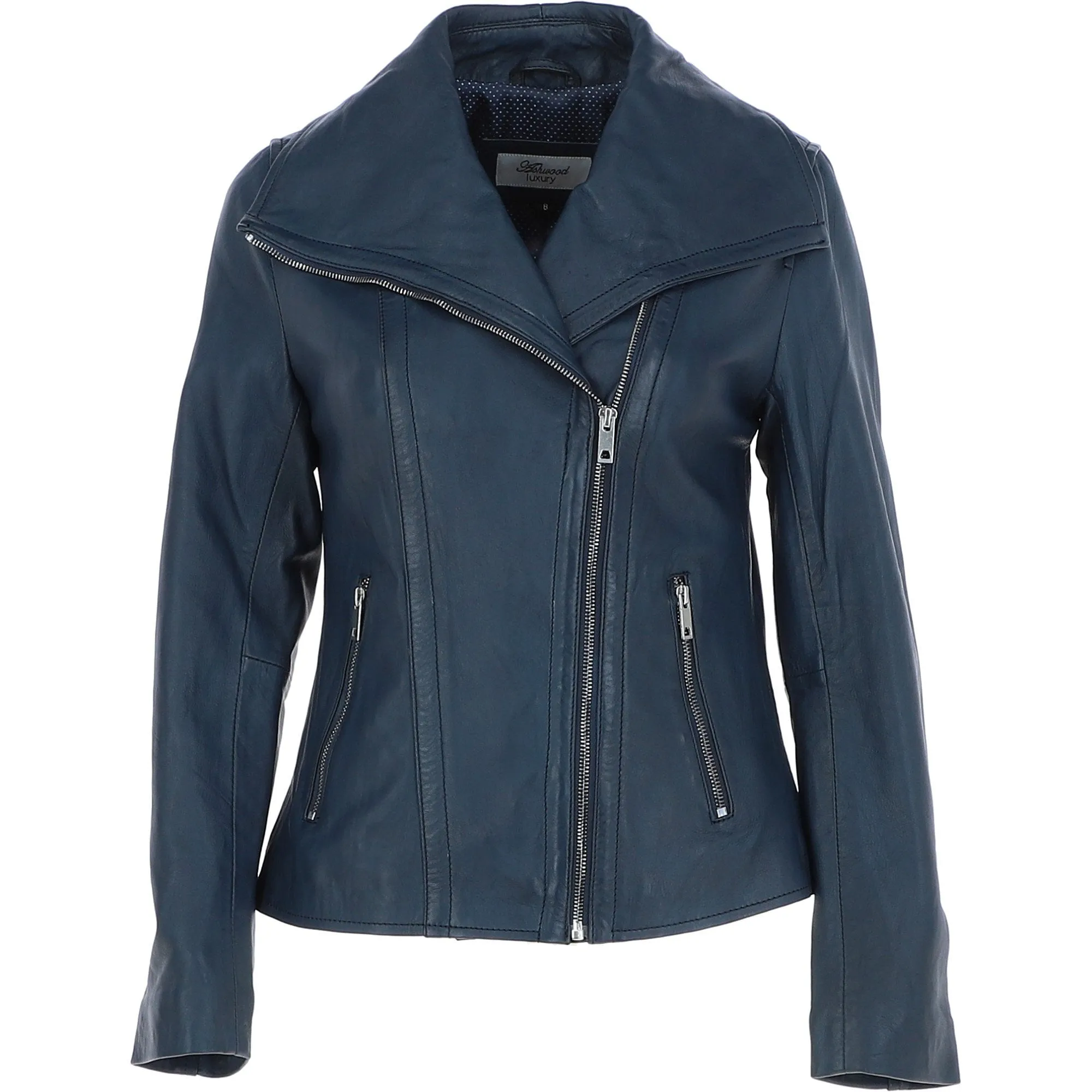 Women's Wide Fashion Collar Side Zip Leather Jacket Navy: Universal