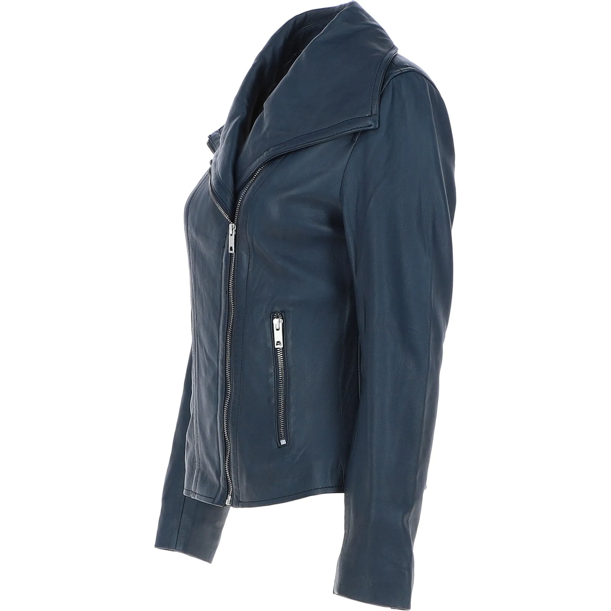 Women's Wide Fashion Collar Side Zip Leather Jacket Navy: Universal