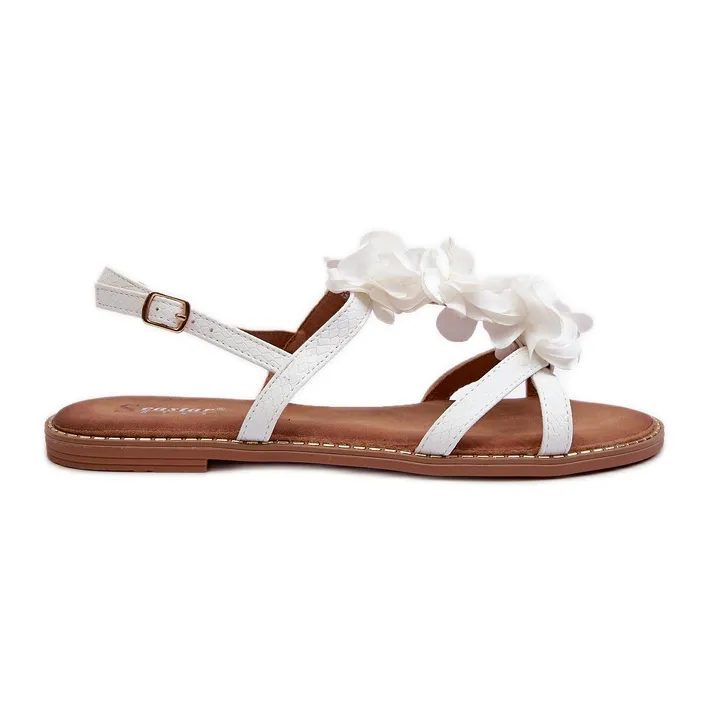 Women's Flat Sandals Decorated with Flowers, White Abidina