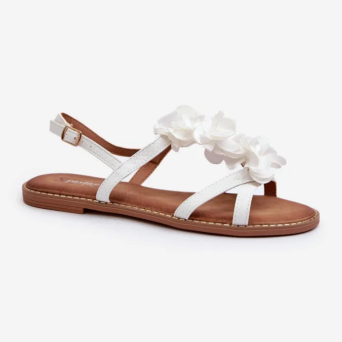 Women's Flat Sandals Decorated with Flowers, White Abidina