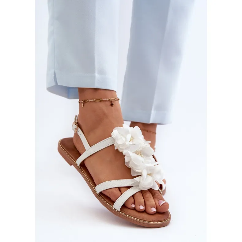 Women's Flat Sandals Decorated with Flowers, White Abidina