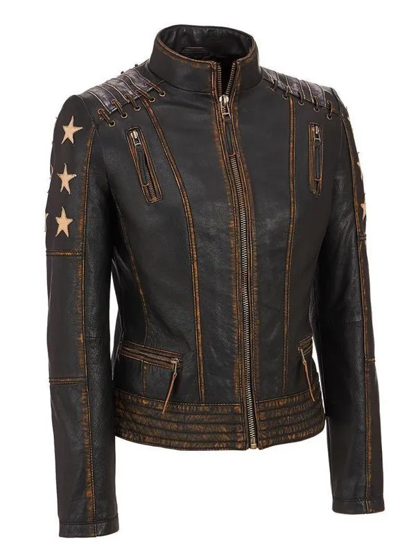 Women’s Stars and Stripes Aged  Brown Leather Jacket