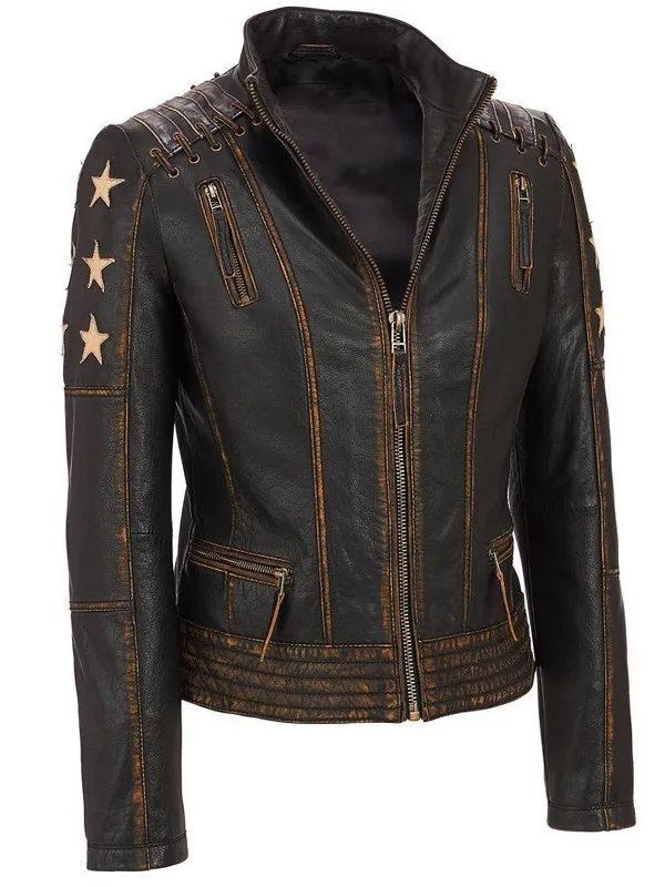 Women’s Stars and Stripes Aged  Brown Leather Jacket