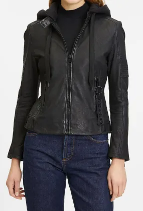 Women's black hooded leather jacket in motorcycle style jadyn