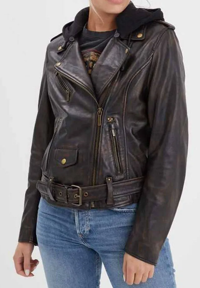 Women's black/cognac hooded leather jacket in rose garden line biker style