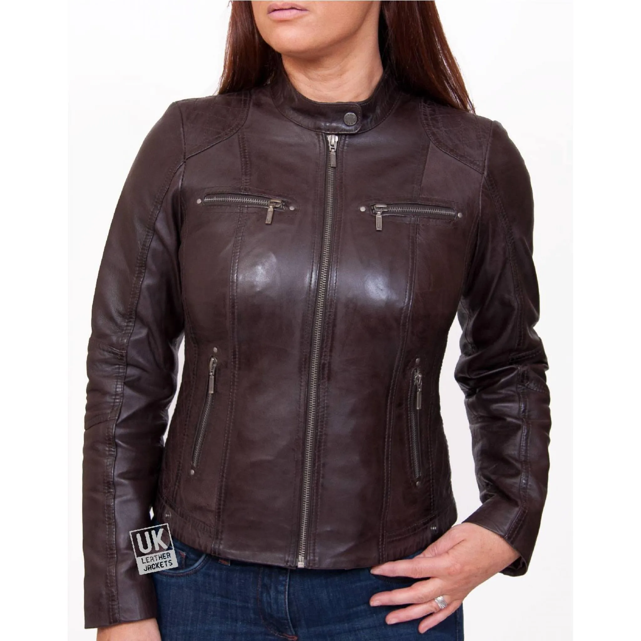 Womens Leather Biker Jacket - Jasmine - Brown | Free UK Delivery