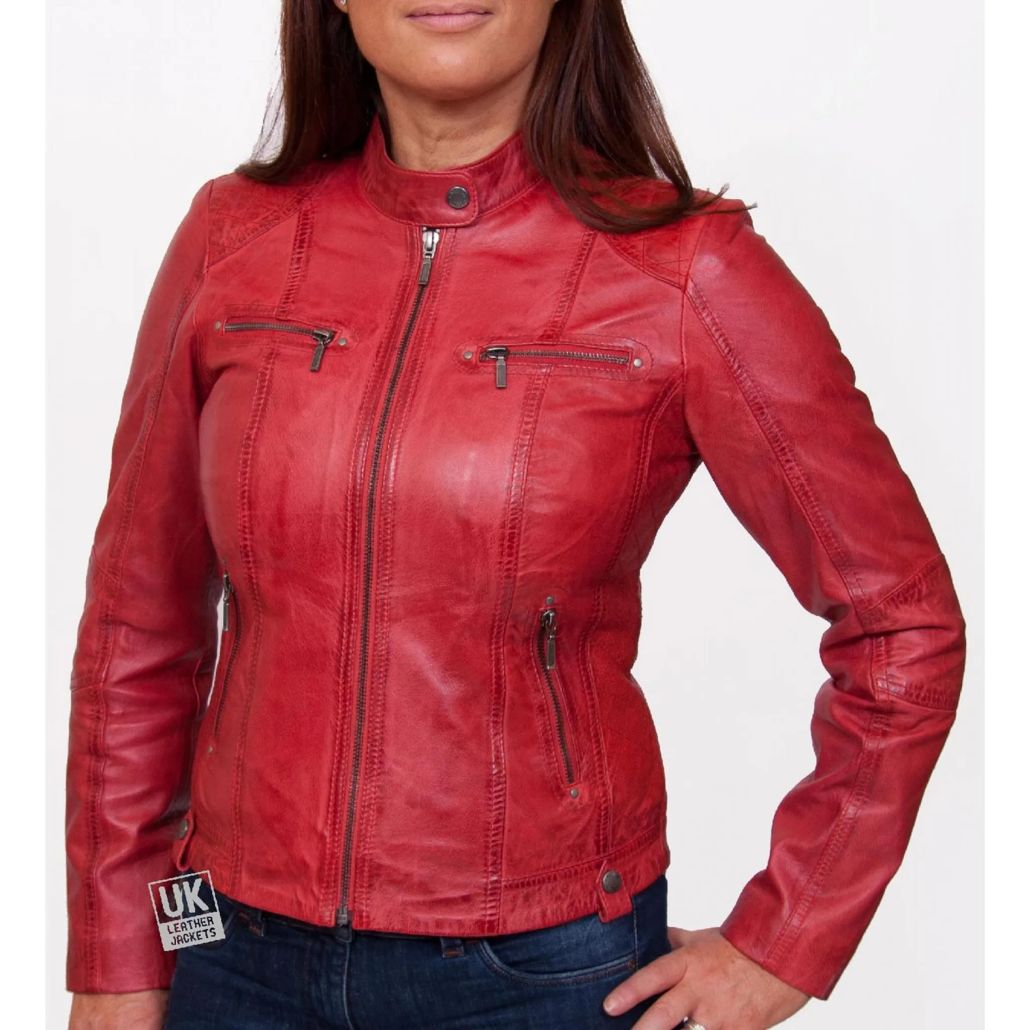 Womens Leather Biker Jacket - Jasmine - Red | Free UK Delivery