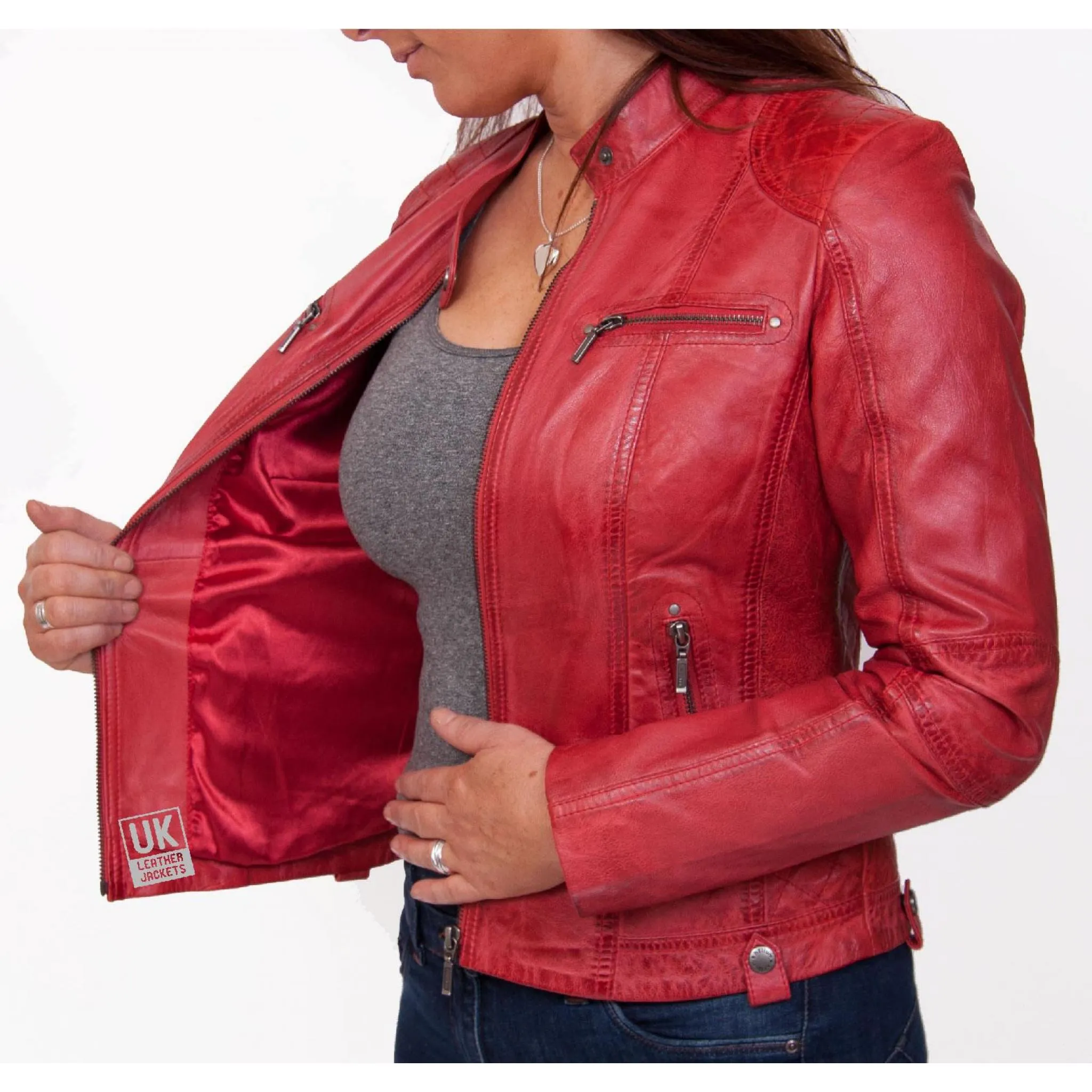 Womens Leather Biker Jacket - Jasmine - Red | Free UK Delivery