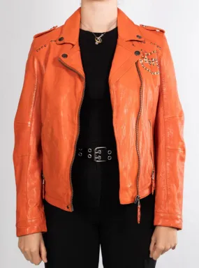 Women's orange biker style rose garden leather jacket lacosta