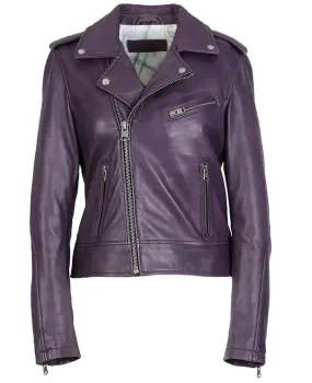 Women's purple oakwood biker style leather jacket 64299