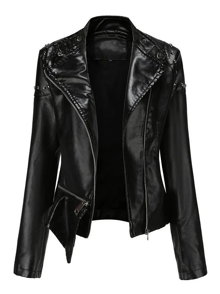 Women's Rivet Synthetic Leather Stand Collar Moto Biker Short Jacket