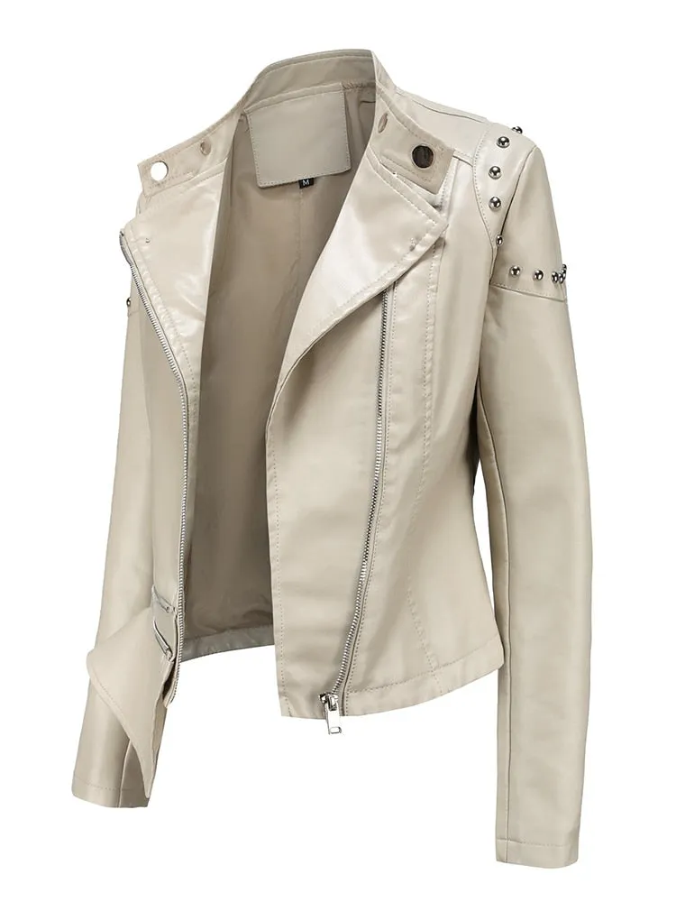 Women's Rivet Synthetic Leather Stand Collar Moto Biker Short Jacket