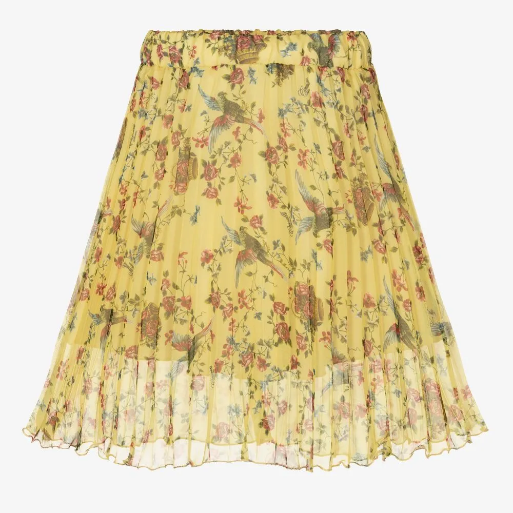 Yellow Floral Pleated Skirt