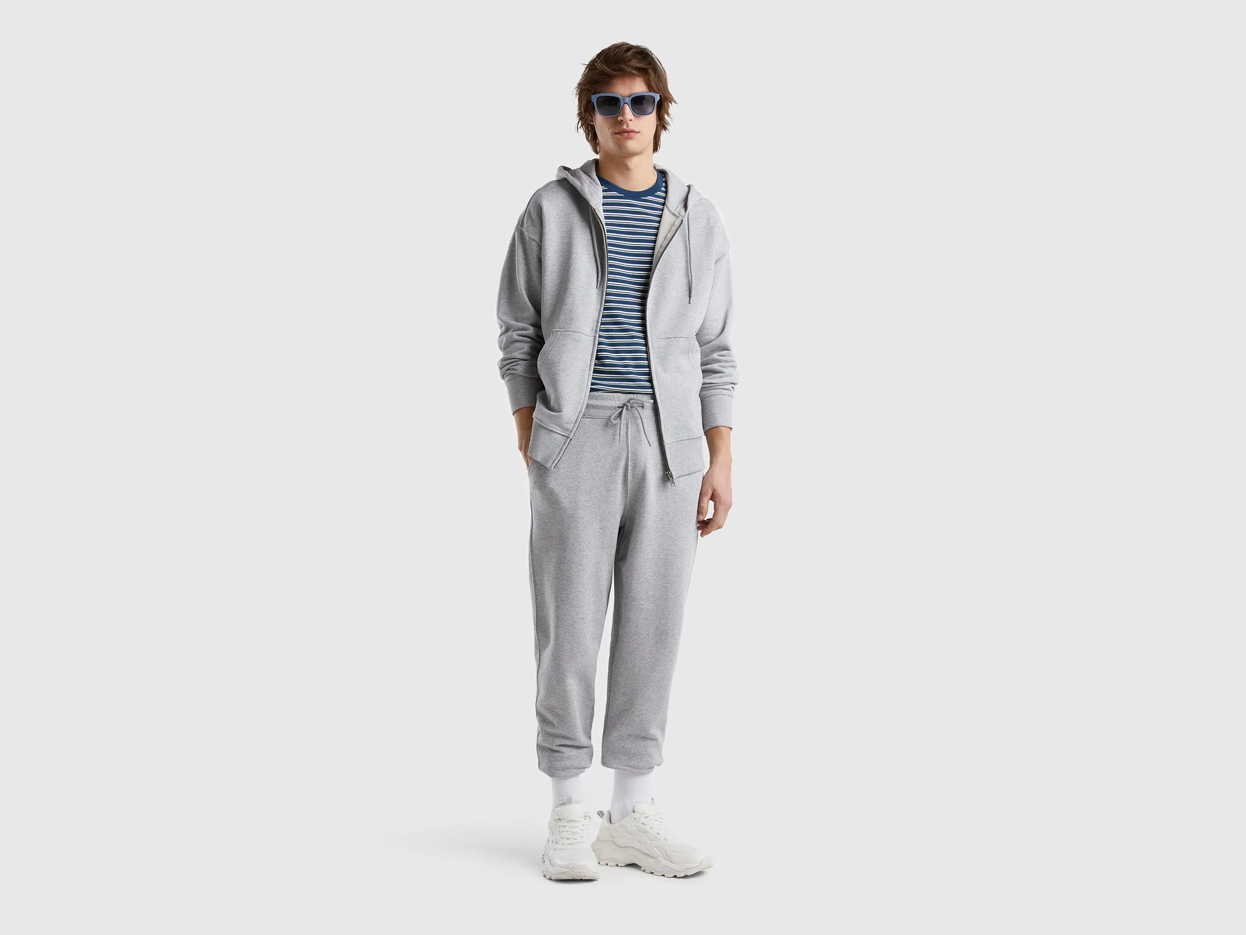 Zip-up hoodie in cotton - Light Gray | Benetton